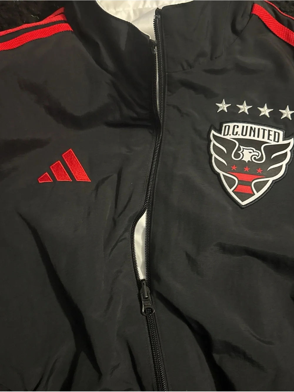 adidas Black Windbreaker Jacket with Red Stripe Accents